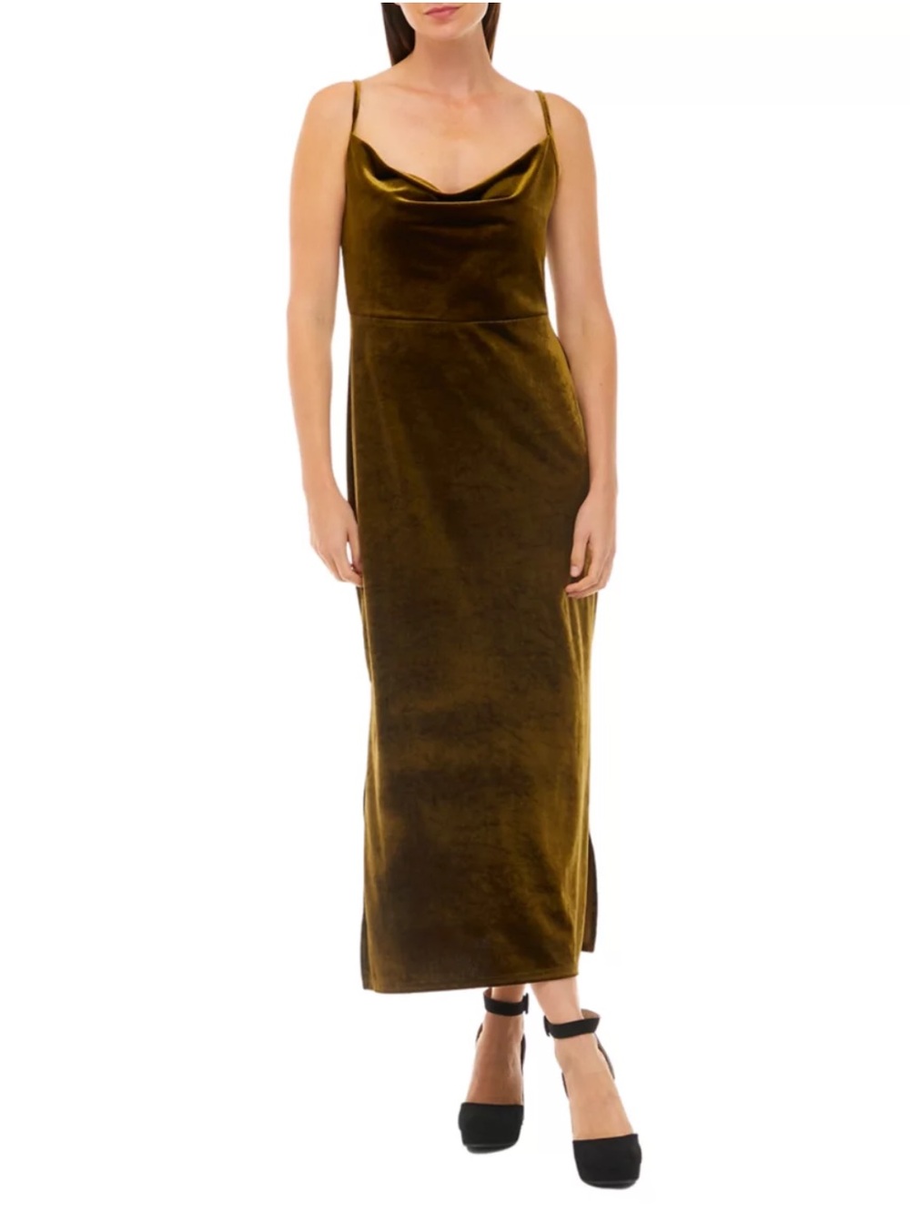 Taylor Velvet Cowl Neck Midi Dress Olive Green Size 14